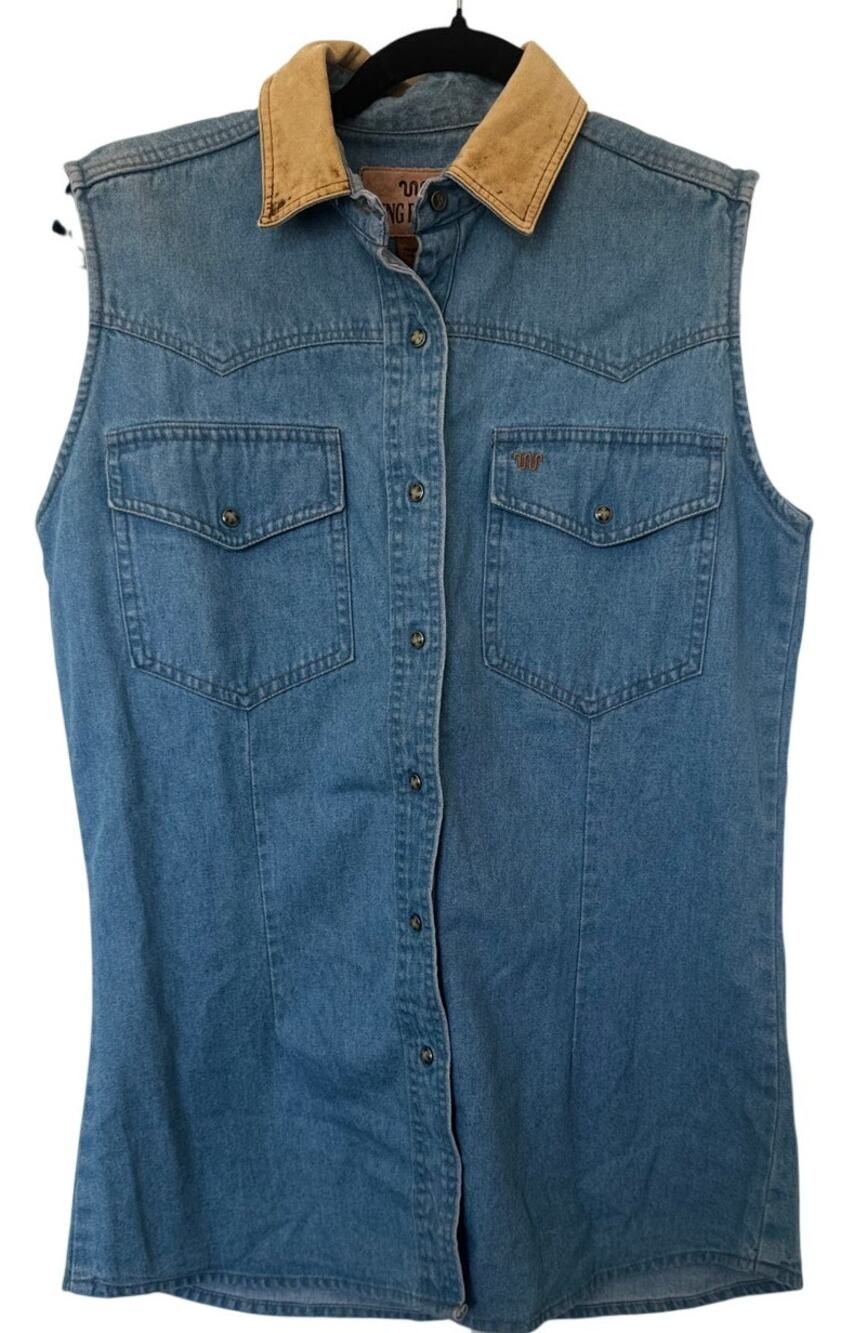 Vintage King Ranch Sleeveless Western Denim Snap Shirt Faux Suede Collar Size M